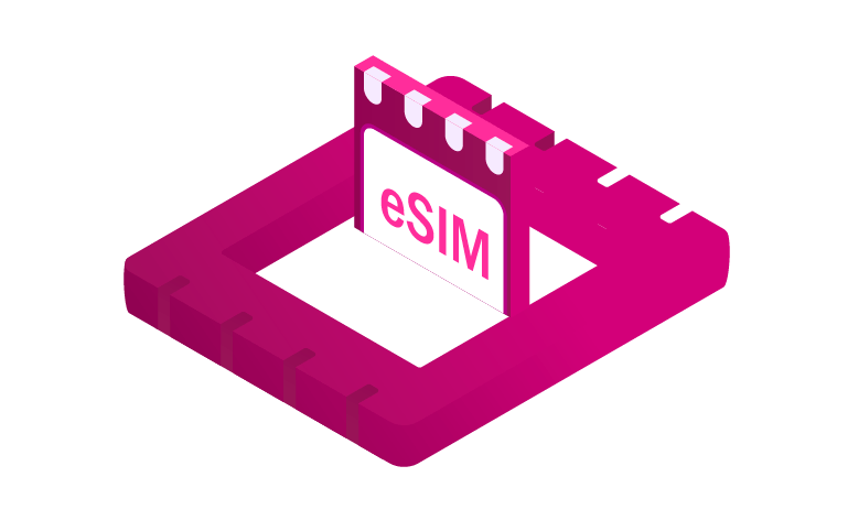 An illustration of a pink eSIM chip positioned within a matching pink SIM card tray, symbolizing the fast and seamless activation process of eSIM technology in Australia